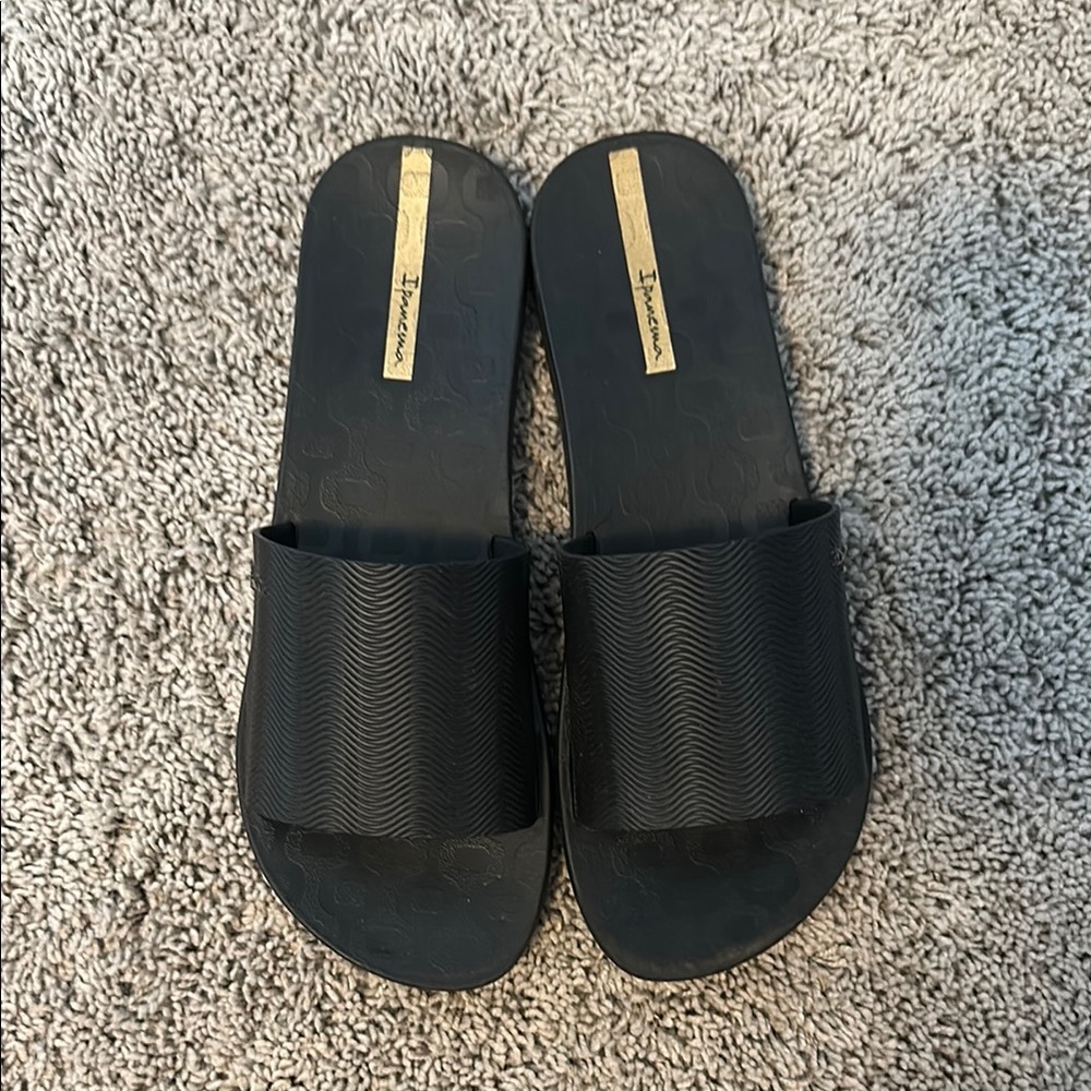 Black Slide Sandals with Gold Logo